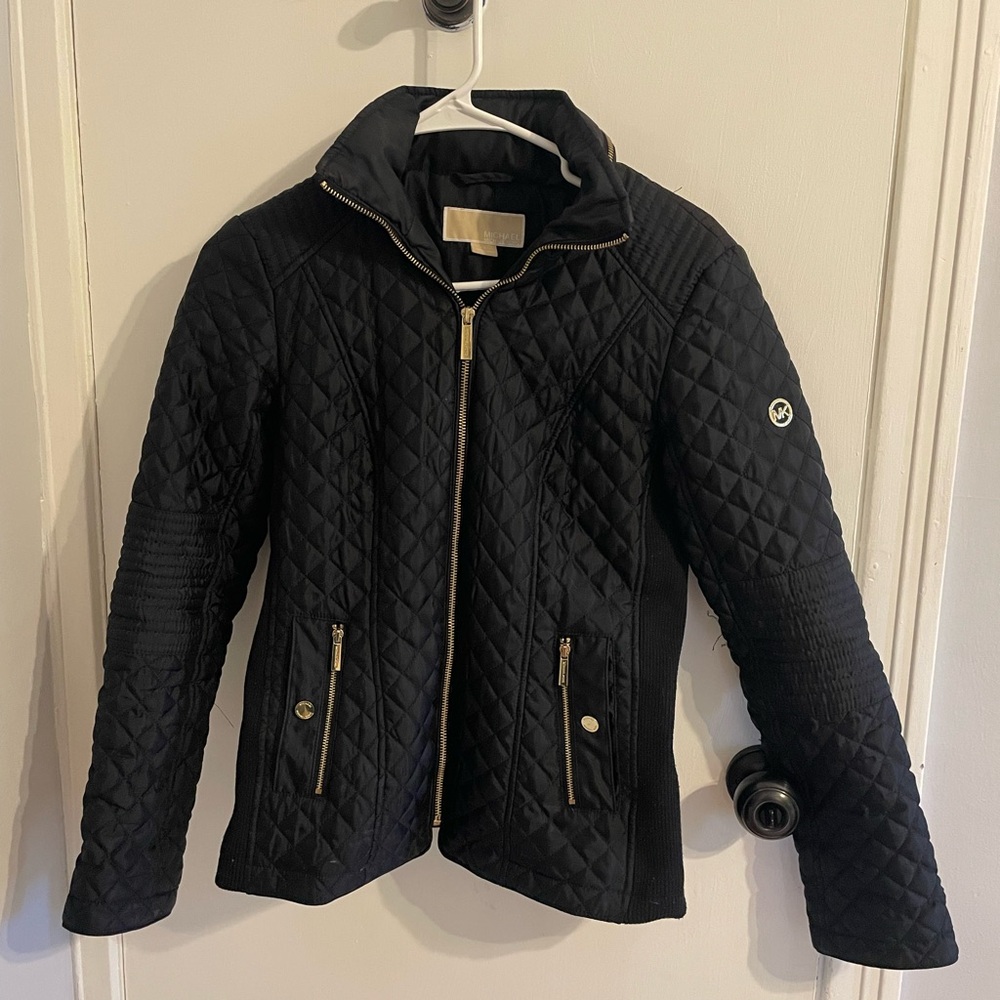 Michael Kors Black Quilted Zip Front Jacket with Gold Hardware